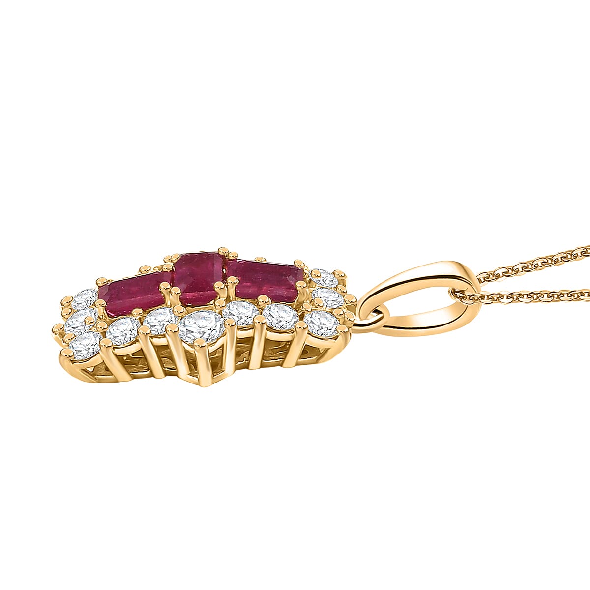 African Ruby &amp; Moissanite Boat Pendant with Chain (Size - 20) in 18K Vermeil Yellow Gold Plated Sterling Silver 2.27 Ct. 4341386 3