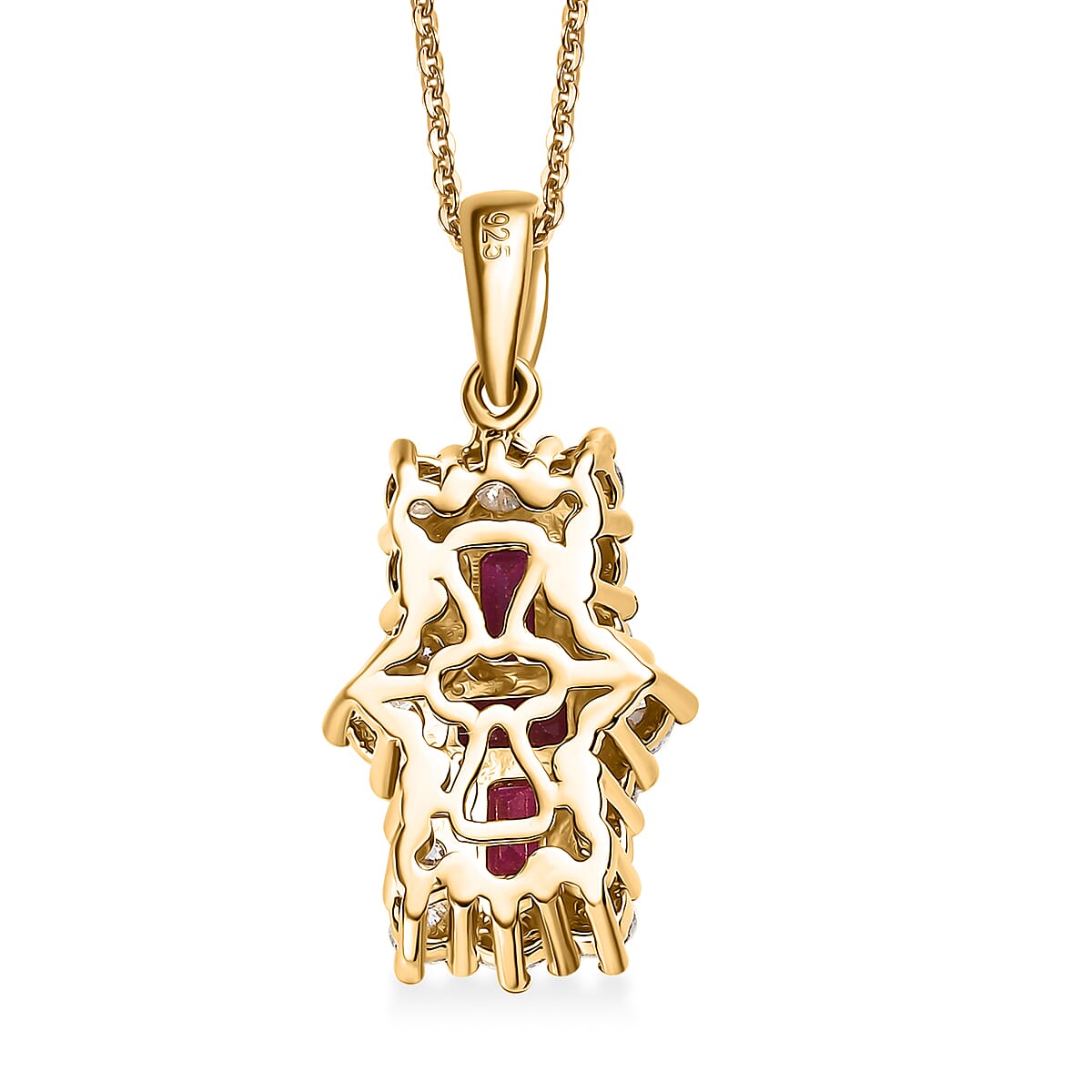 African Ruby &amp; Moissanite Boat Pendant with Chain (Size - 20) in 18K Vermeil Yellow Gold Plated Sterling Silver 2.27 Ct. 4341386 4