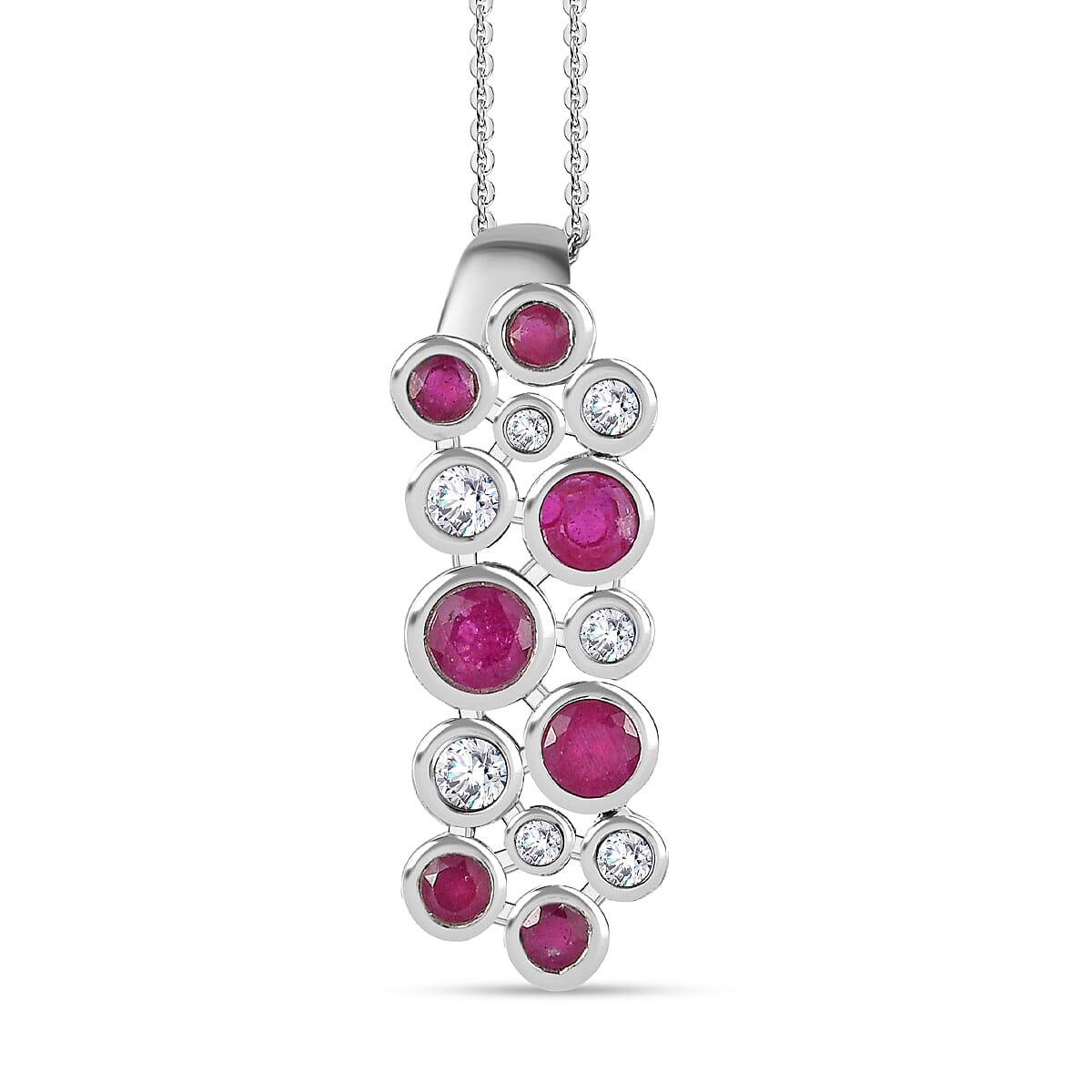 African Ruby &amp; Moissanite Bubble Pendant with Chain (Size 20) in Platinum Overlay Sterling Silver 4246657 0