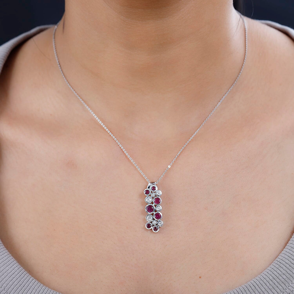 African Ruby &amp; Moissanite Bubble Pendant with Chain (Size 20) in Platinum Overlay Sterling Silver 4246657 2