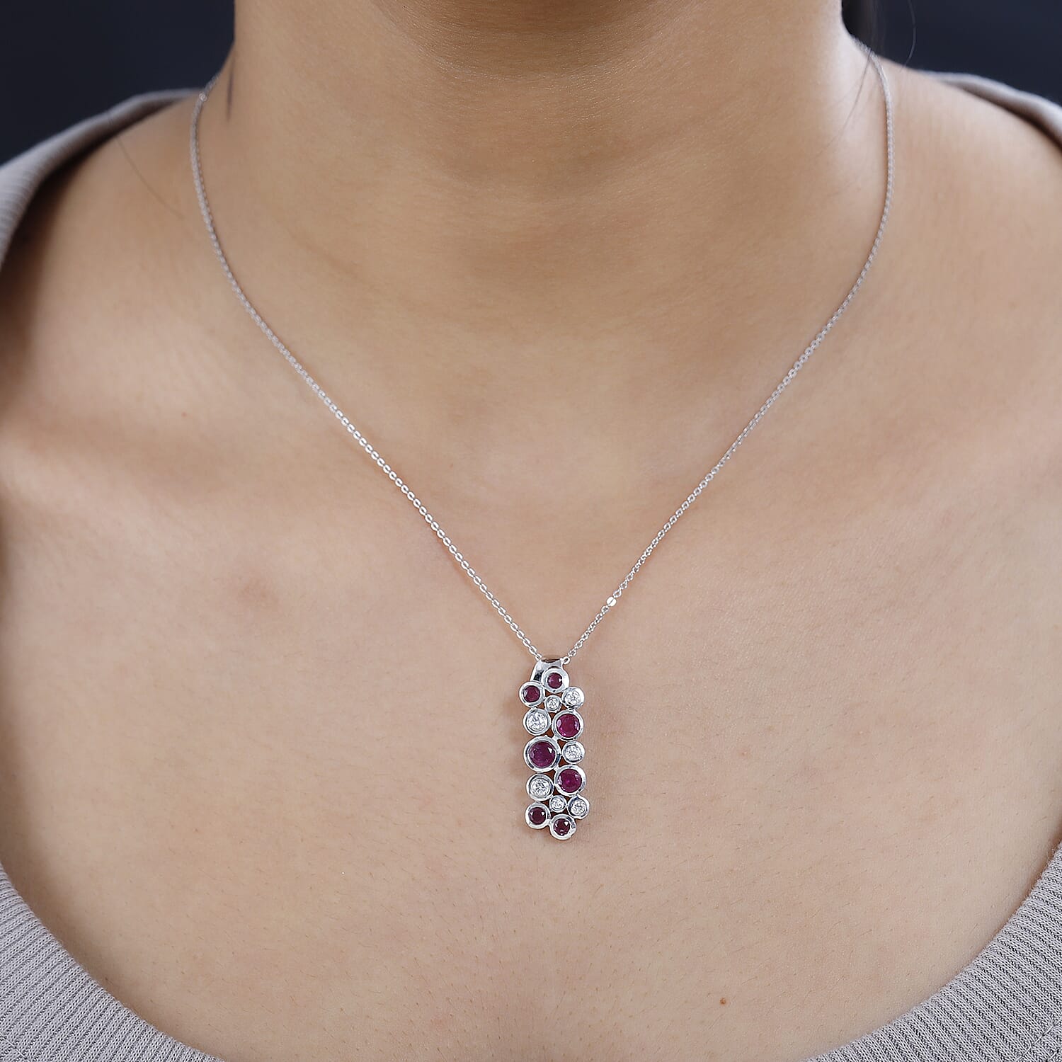 African Ruby &amp; Moissanite Bubble Pendant with Chain (Size 20) in Platinum Overlay Sterling Silver 4246657 2