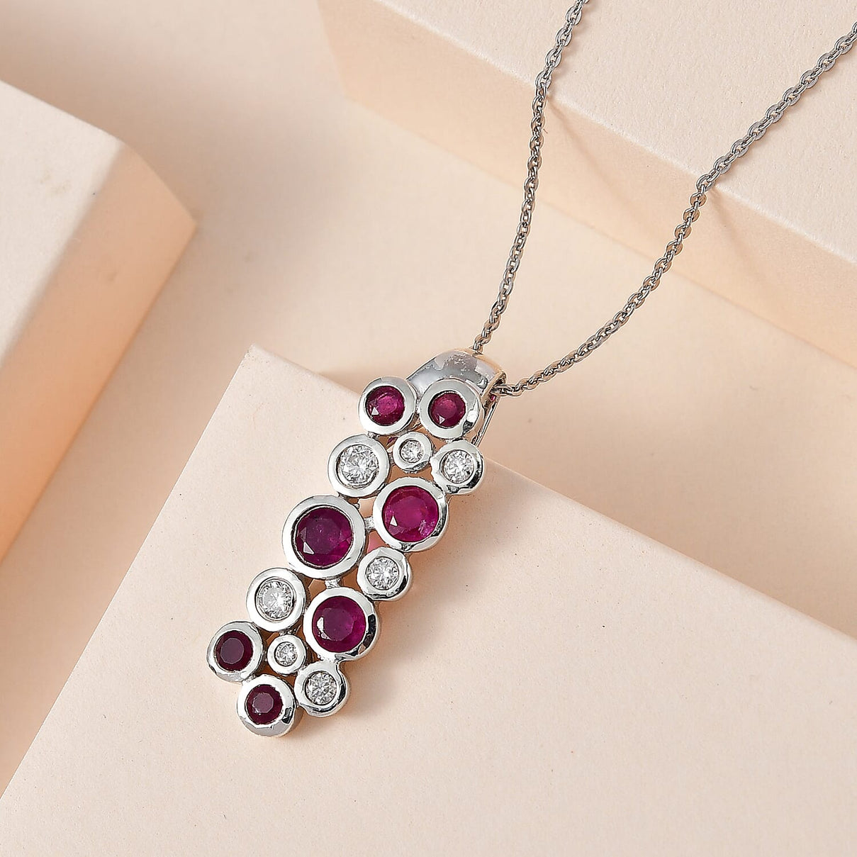 African Ruby &amp; Moissanite Bubble Pendant with Chain (Size 20) in Platinum Overlay Sterling Silver 4246657 3