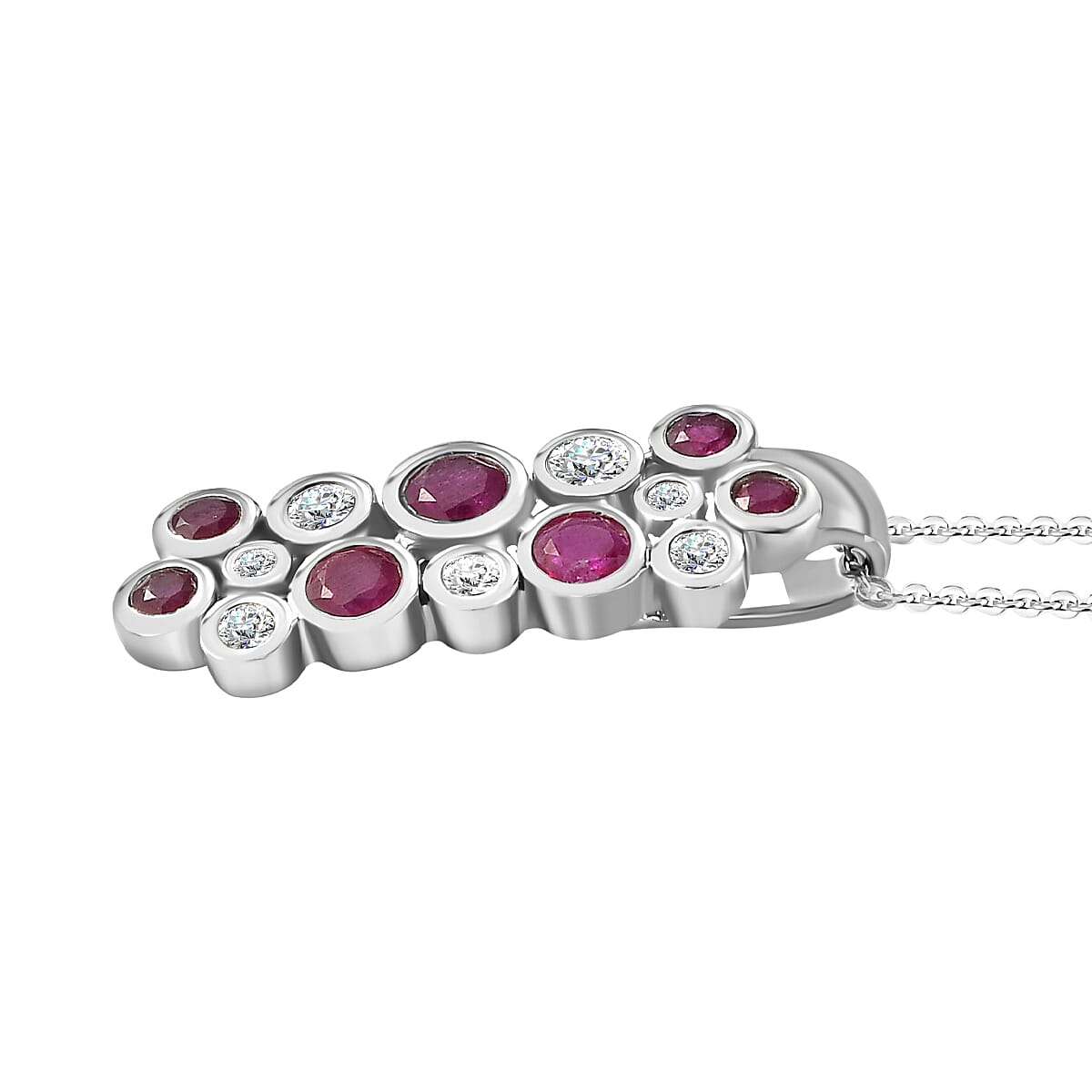 African Ruby &amp; Moissanite Bubble Pendant with Chain (Size 20) in Platinum Overlay Sterling Silver 4246657 4
