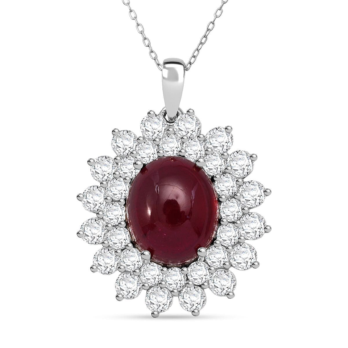 African Ruby &amp; Moissanite Halo Pendant with Chain (Size 20) in Rhodium Overlay Sterling Silver 19.31 Ct 4428332 0