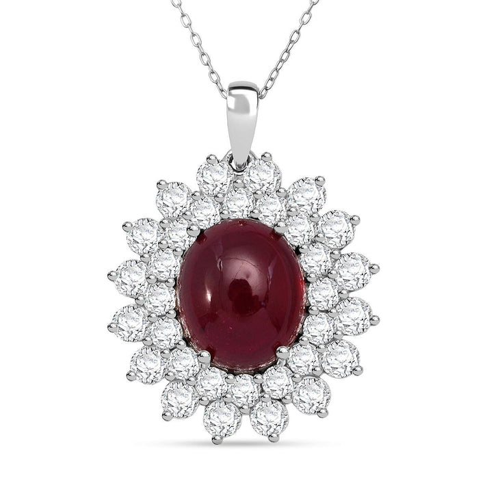 African Ruby &amp; Moissanite Halo Pendant with Chain (Size 20) in Rhodium Overlay Sterling Silver 19.31 Ct 4428332 1