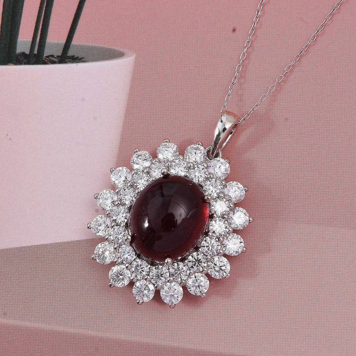 African Ruby &amp; Moissanite Halo Pendant with Chain (Size 20) in Rhodium Overlay Sterling Silver 19.31 Ct 4428332 2