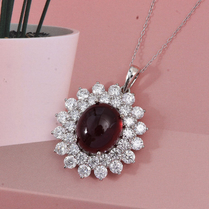 African Ruby &amp; Moissanite Halo Pendant with Chain (Size 20) in Rhodium Overlay Sterling Silver 19.31 Ct 4428332 2