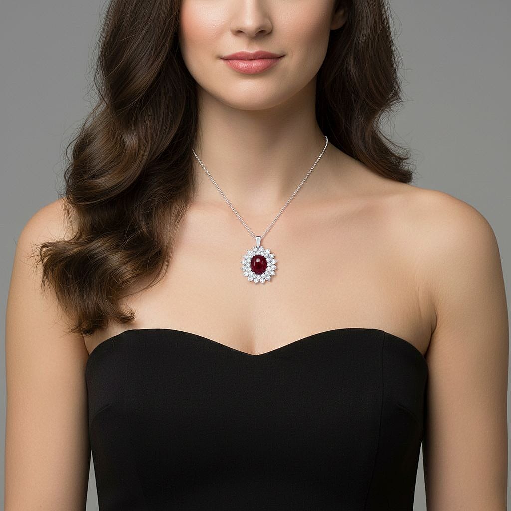 African Ruby &amp; Moissanite Halo Pendant with Chain (Size 20) in Rhodium Overlay Sterling Silver 19.31 Ct 4428332 3
