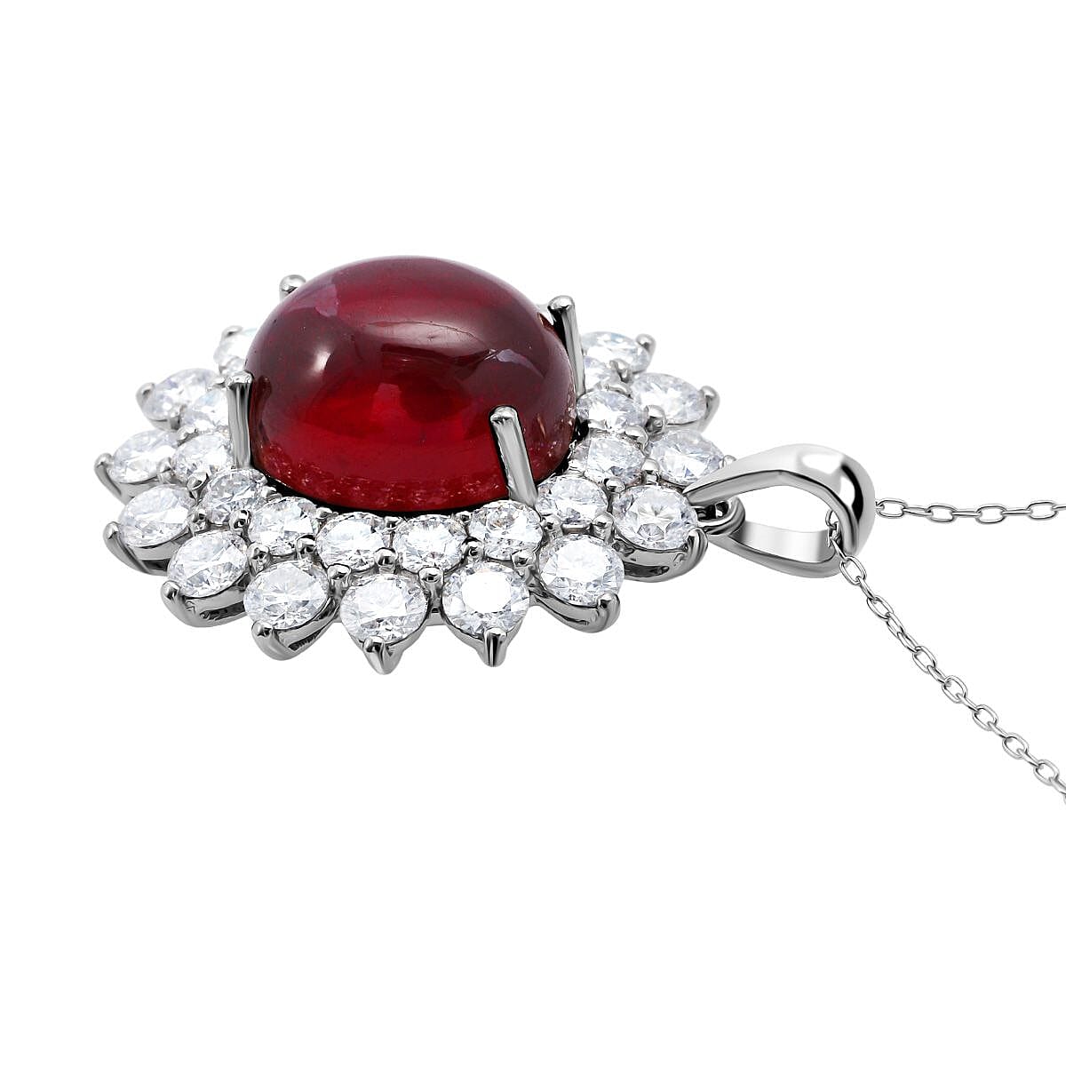 African Ruby &amp; Moissanite Halo Pendant with Chain (Size 20) in Rhodium Overlay Sterling Silver 19.31 Ct 4428332 4