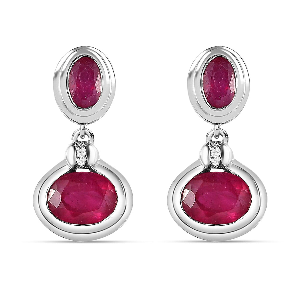 African Ruby & Moissanite Earrings in Platinum Overlay Sterling Silver 5.11 Ct