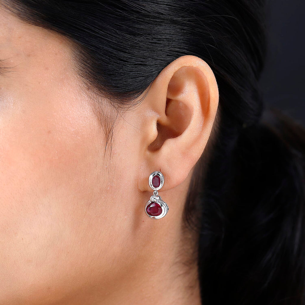 African Ruby & Moissanite Earrings in Platinum Overlay Sterling Silver 5.11 Ct