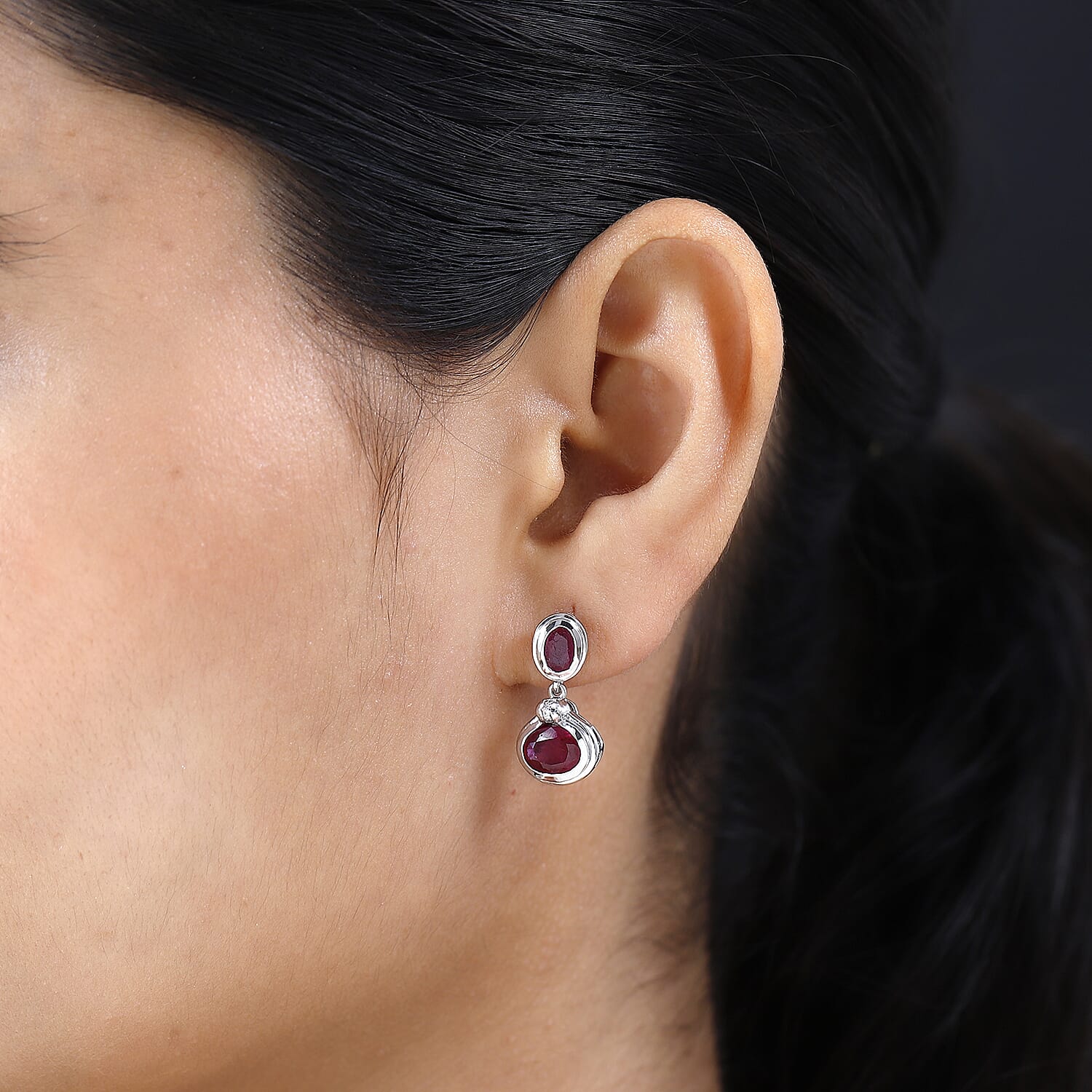 African Ruby, Moissanite Drop Push Post Earrings in Platinum Overlay Sterling Silver 7609315 2