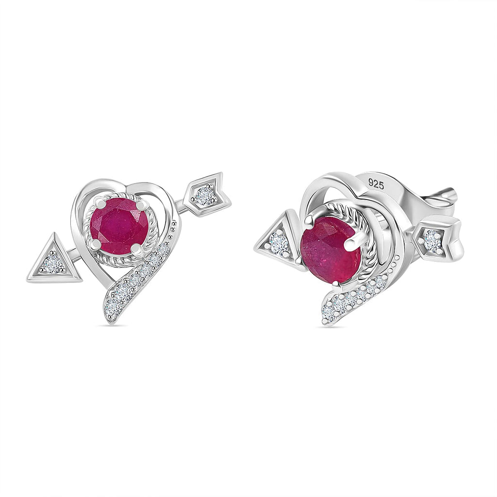 African Ruby & Moissanite Solitaire Stud Push Post Earring in Rhodium Overlay Sterling Silver 1.87 Ct.