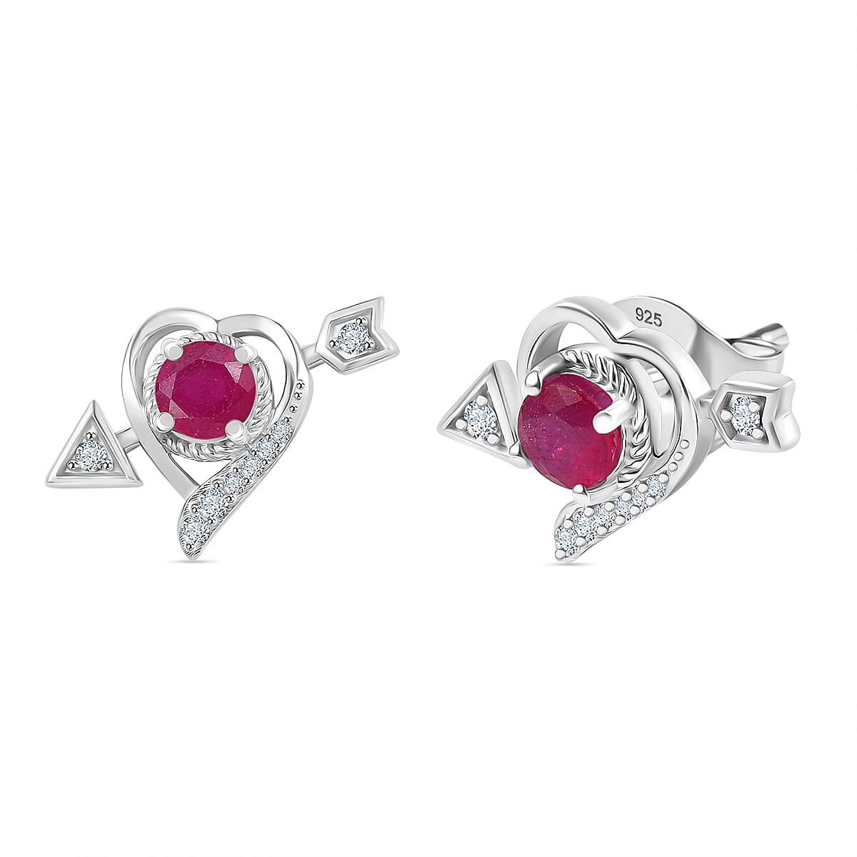 African Ruby &amp; Moissanite Solitaire Stud Push Post Earring in Rhodium Overlay Sterling Silver 1.87 Ct. 8047735 0