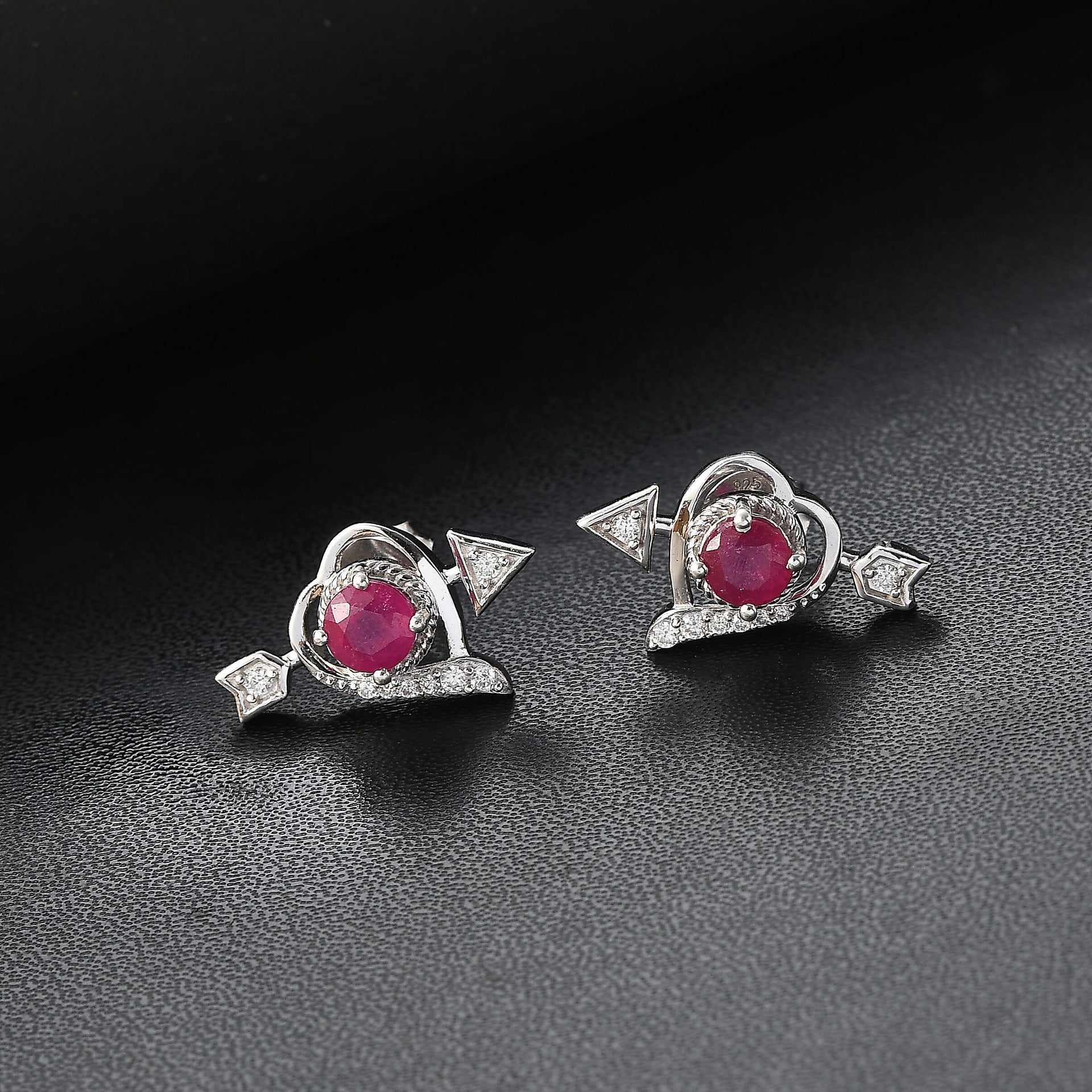 African Ruby &amp; Moissanite Solitaire Stud Push Post Earring in Rhodium Overlay Sterling Silver 1.87 Ct. 8047735 1