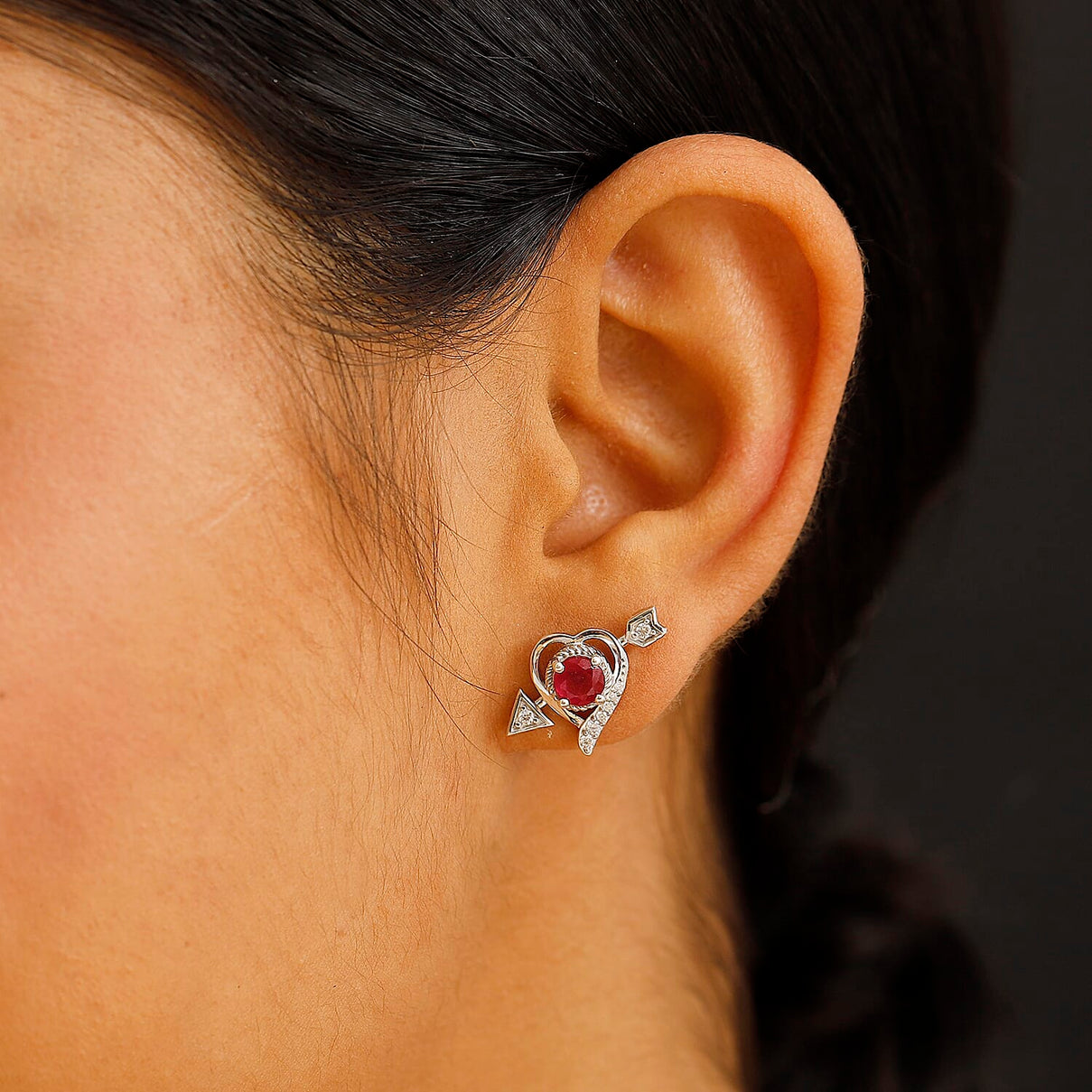 African Ruby &amp; Moissanite Solitaire Stud Push Post Earring in Rhodium Overlay Sterling Silver 1.87 Ct. 8047735 2