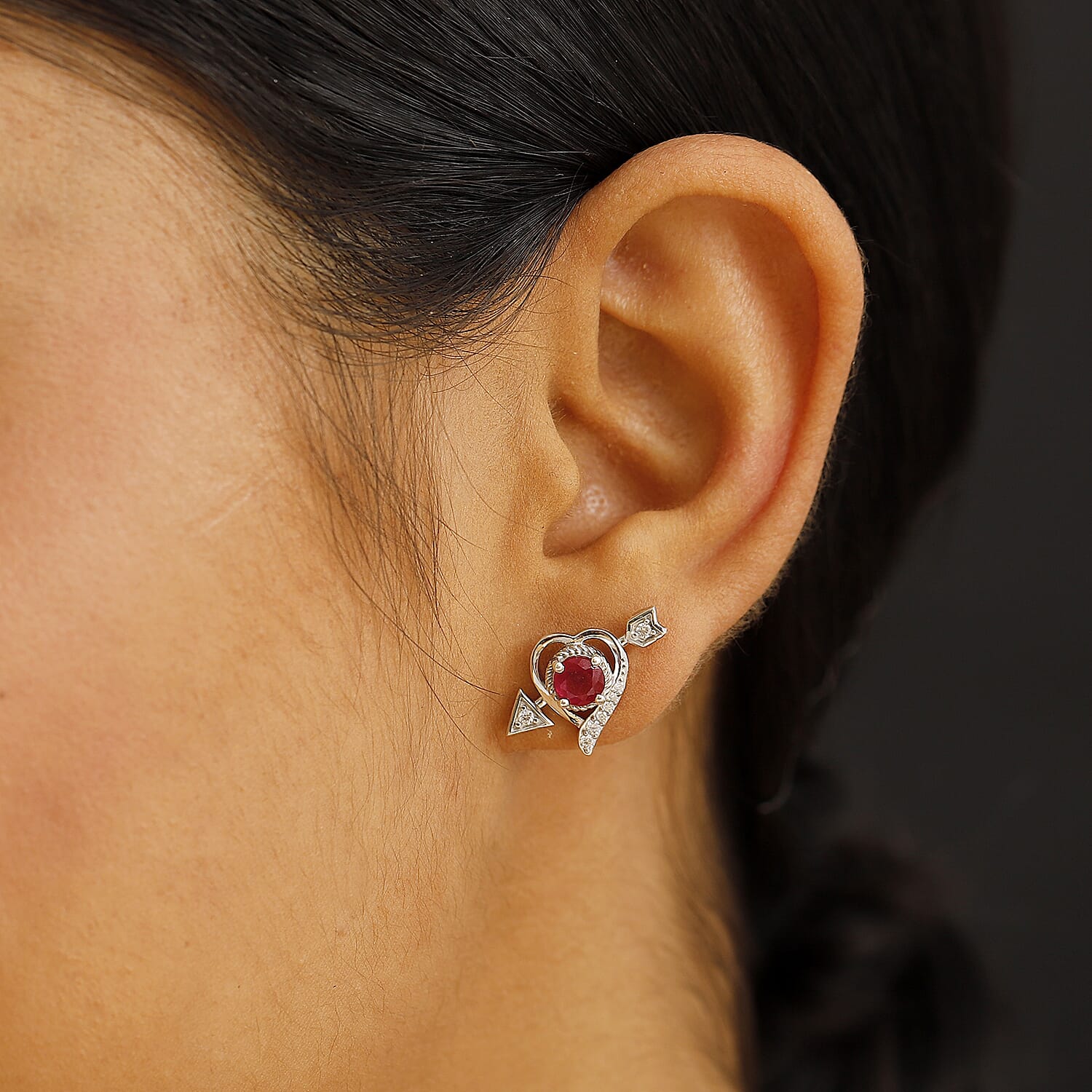 African Ruby &amp; Moissanite Solitaire Stud Push Post Earring in Rhodium Overlay Sterling Silver 1.87 Ct. 8047735 2