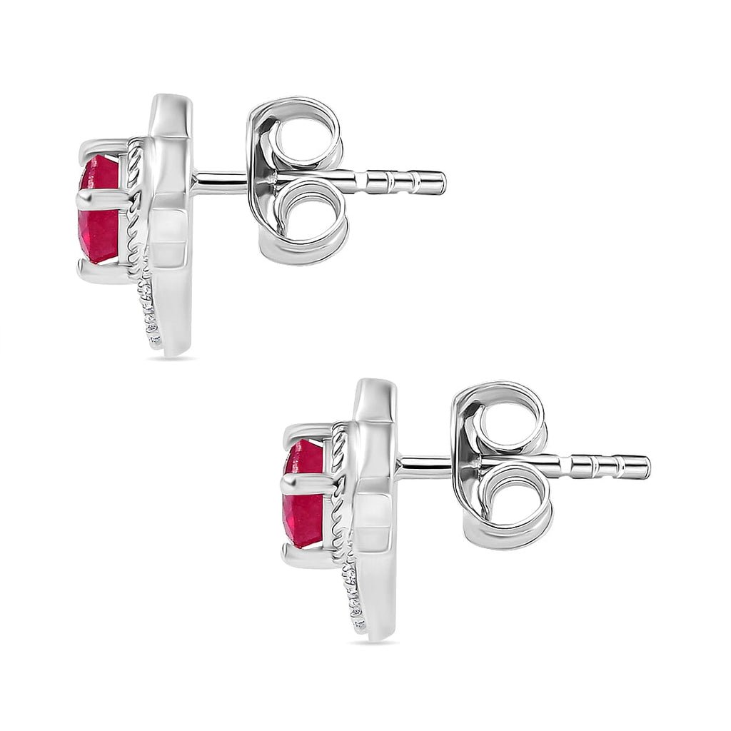African Ruby & Moissanite Solitaire Stud Push Post Earring in Rhodium Overlay Sterling Silver 1.87 Ct.