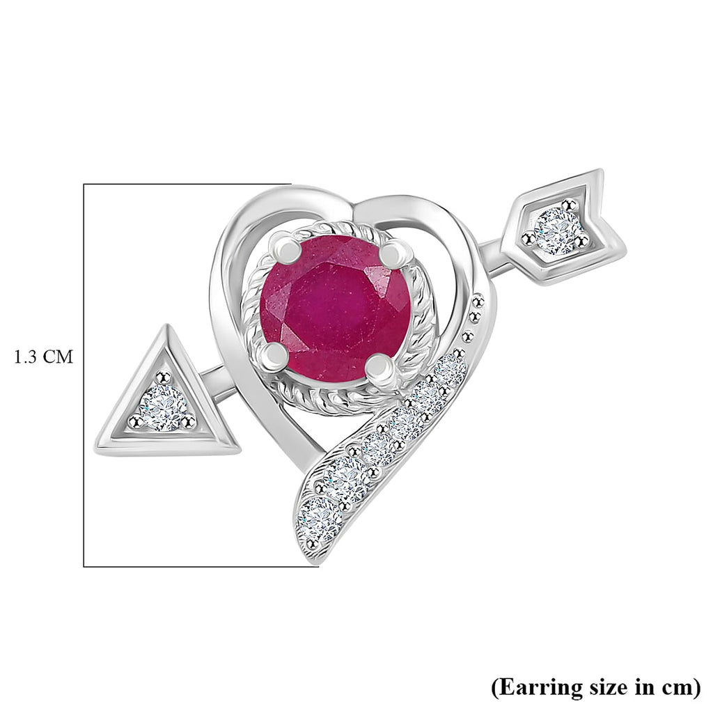 African Ruby & Moissanite Solitaire Stud Push Post Earring in Rhodium Overlay Sterling Silver 1.87 Ct.