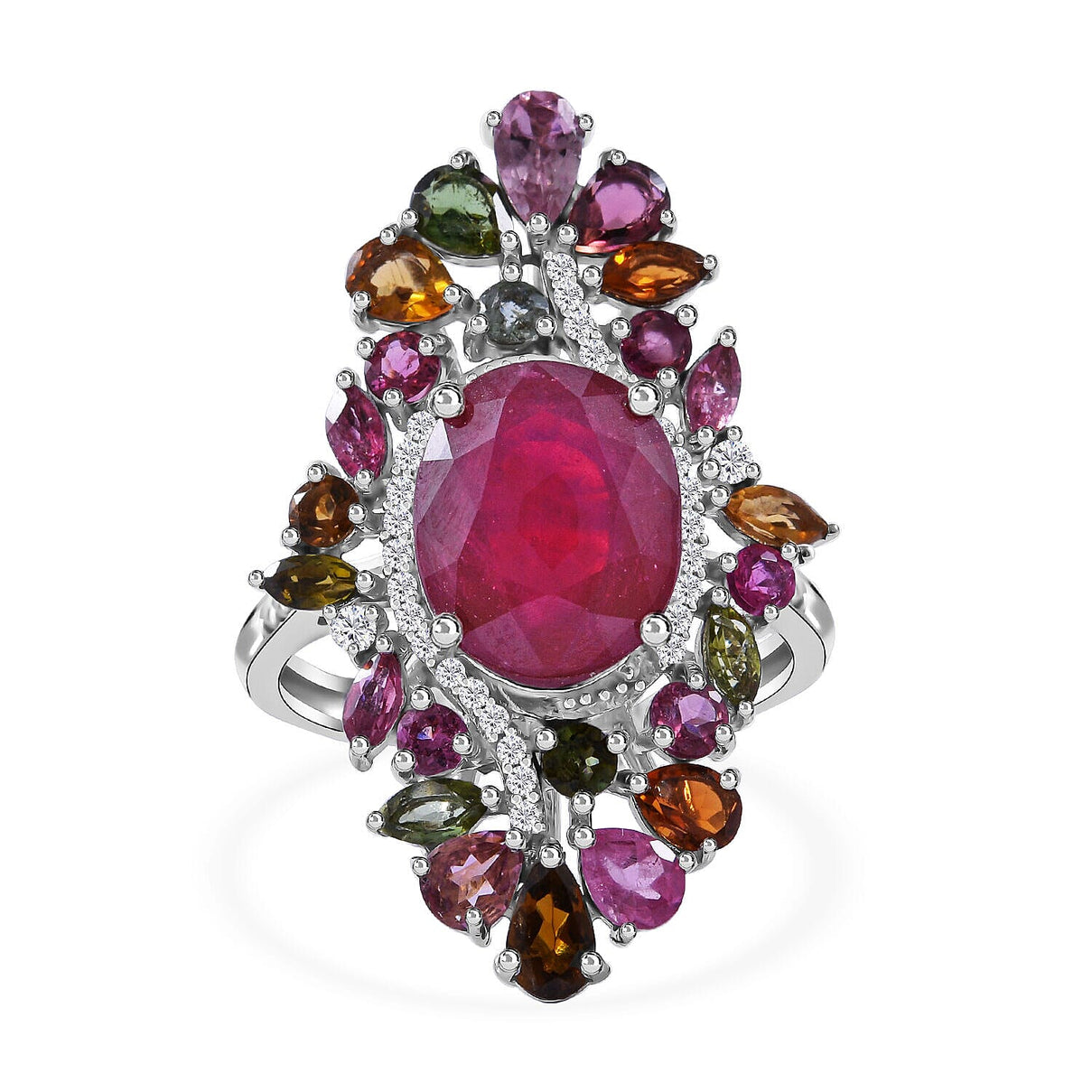 Niassa Ruby, Multi-Tourmaline &amp; Natural Zircon Cluster Ring in Rhodium Overlay Sterling Silver 9.60 Ct. 7257362 7