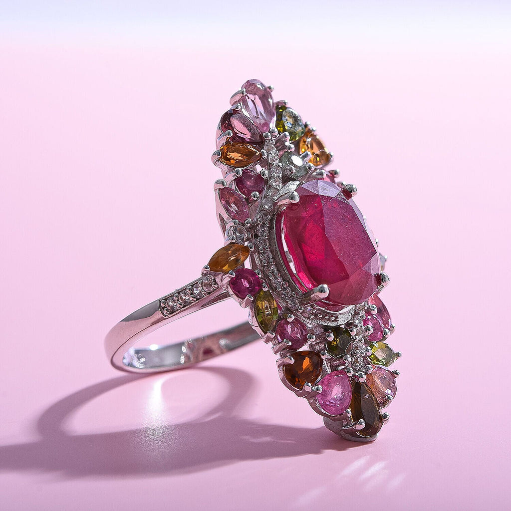 Niassa Ruby, Multi-Tourmaline & Natural Zircon Cluster Ring in Rhodium Overlay Sterling Silver 9.60 Ct.