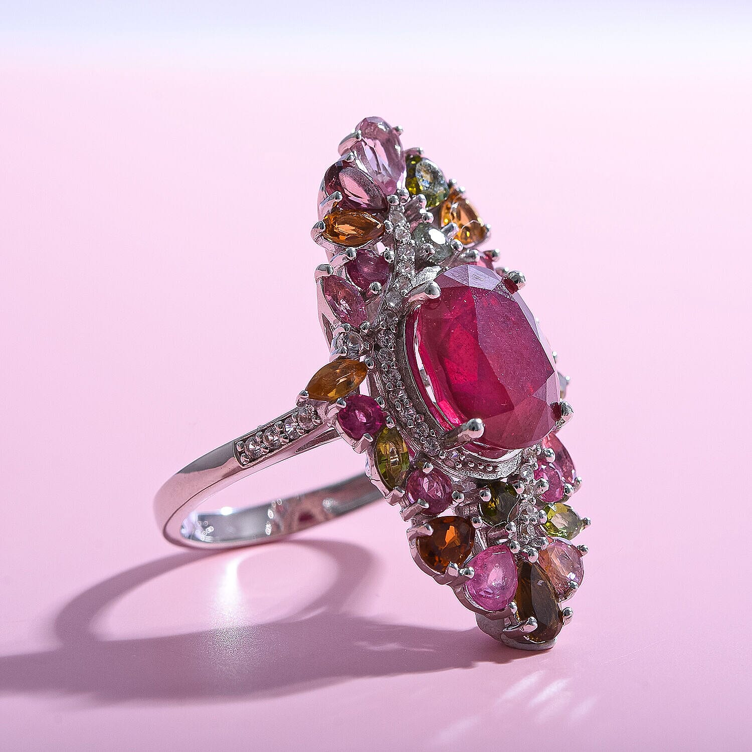 Niassa Ruby, Multi-Tourmaline &amp; Natural Zircon Cluster Ring in Rhodium Overlay Sterling Silver 9.60 Ct. 7257362 8
