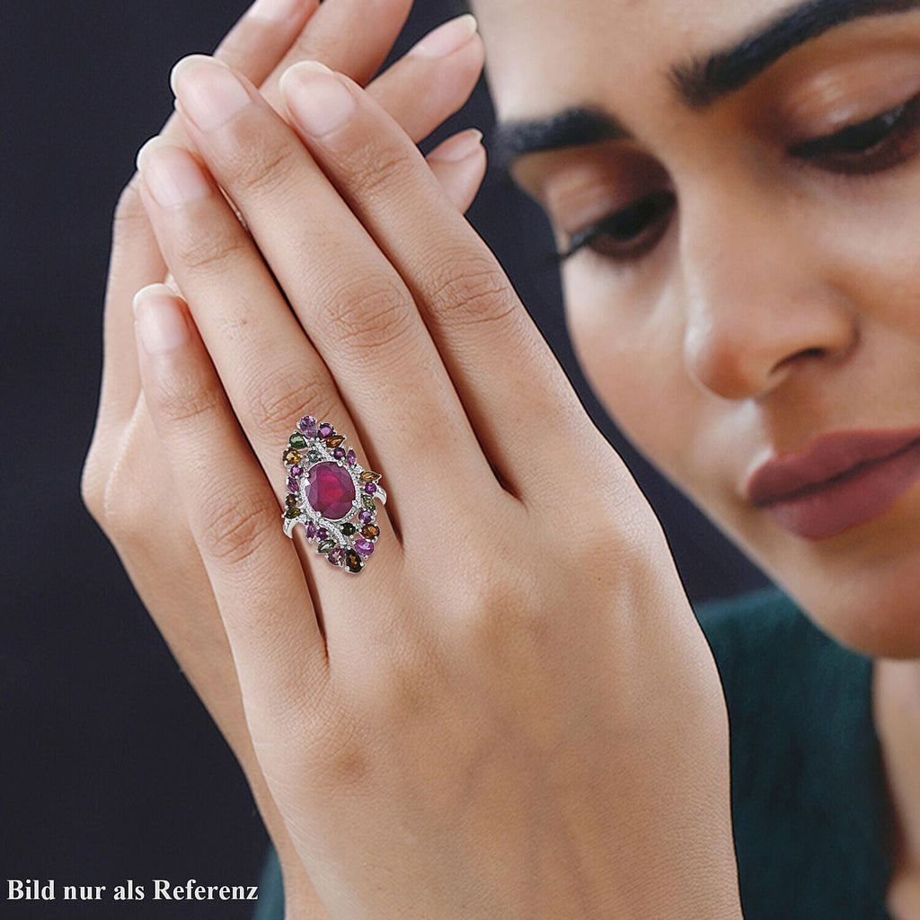 Niassa Ruby, Multi-Tourmaline & Natural Zircon Cluster Ring in Rhodium Overlay Sterling Silver 9.60 Ct.