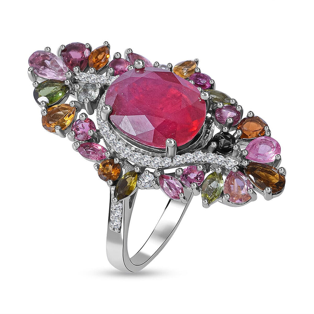 Niassa Ruby, Multi-Tourmaline & Natural Zircon Cluster Ring in Rhodium Overlay Sterling Silver 9.60 Ct.