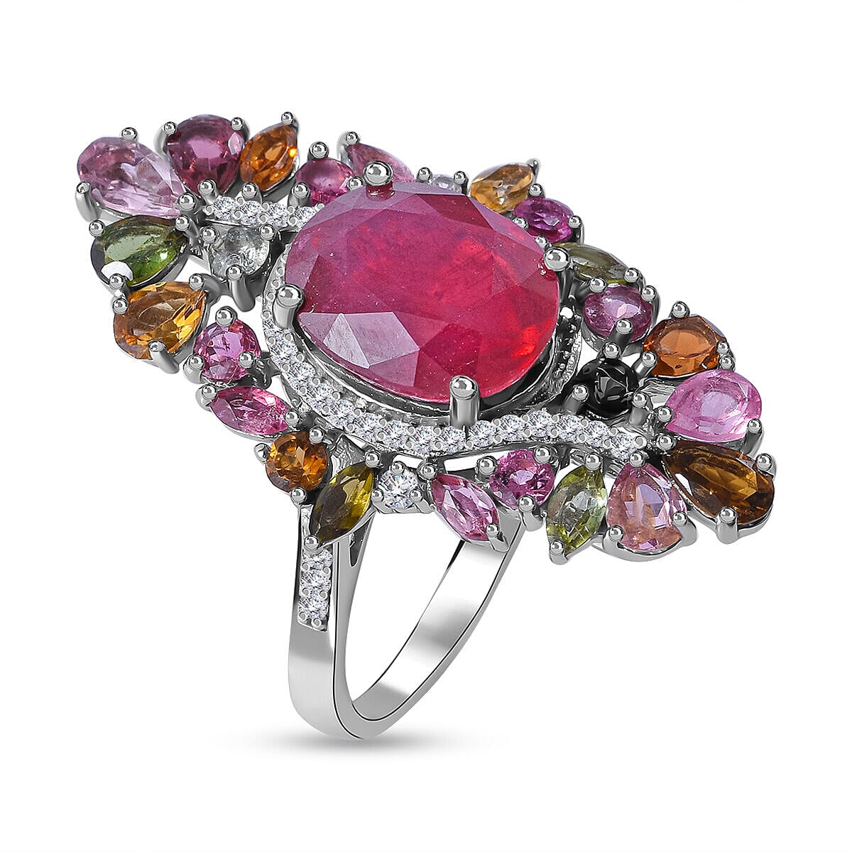 Niassa Ruby, Multi-Tourmaline &amp; Natural Zircon Cluster Ring in Rhodium Overlay Sterling Silver 9.60 Ct. 7257362 10