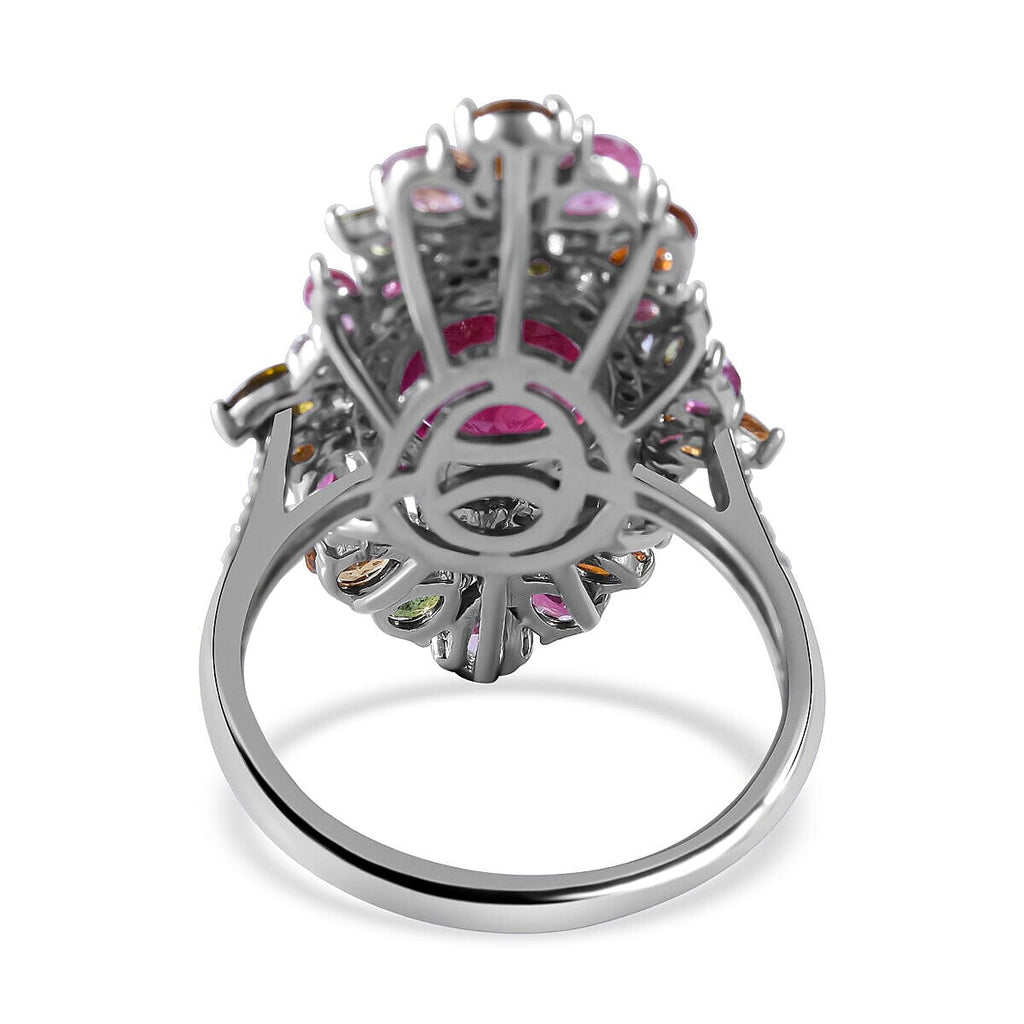 Niassa Ruby, Multi-Tourmaline & Natural Zircon Cluster Ring in Rhodium Overlay Sterling Silver 9.60 Ct.