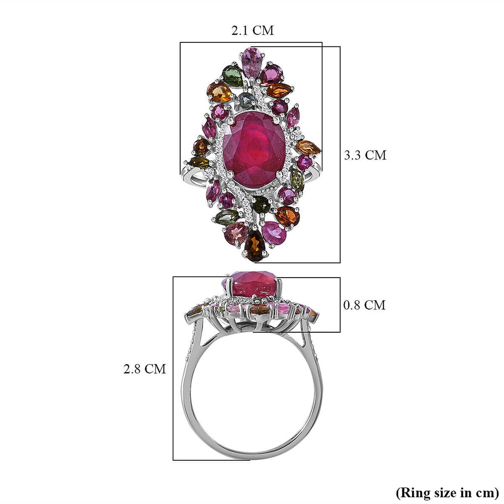 Niassa Ruby, Multi-Tourmaline & Natural Zircon Cluster Ring in Rhodium Overlay Sterling Silver 9.60 Ct.