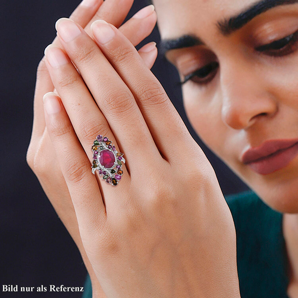 Niassa Ruby, Multi-Tourmaline & Natural Zircon Cluster Ring in Rhodium Overlay Sterling Silver 9.60 Ct.