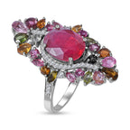 Niassa Ruby, Multi-Tourmaline & Natural Zircon Cluster Ring in Rhodium Overlay Sterling Silver 9.60 Ct.