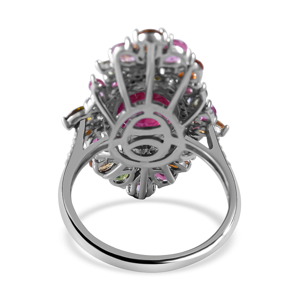 Niassa Ruby, Multi-Tourmaline & Natural Zircon Cluster Ring in Rhodium Overlay Sterling Silver 9.60 Ct.