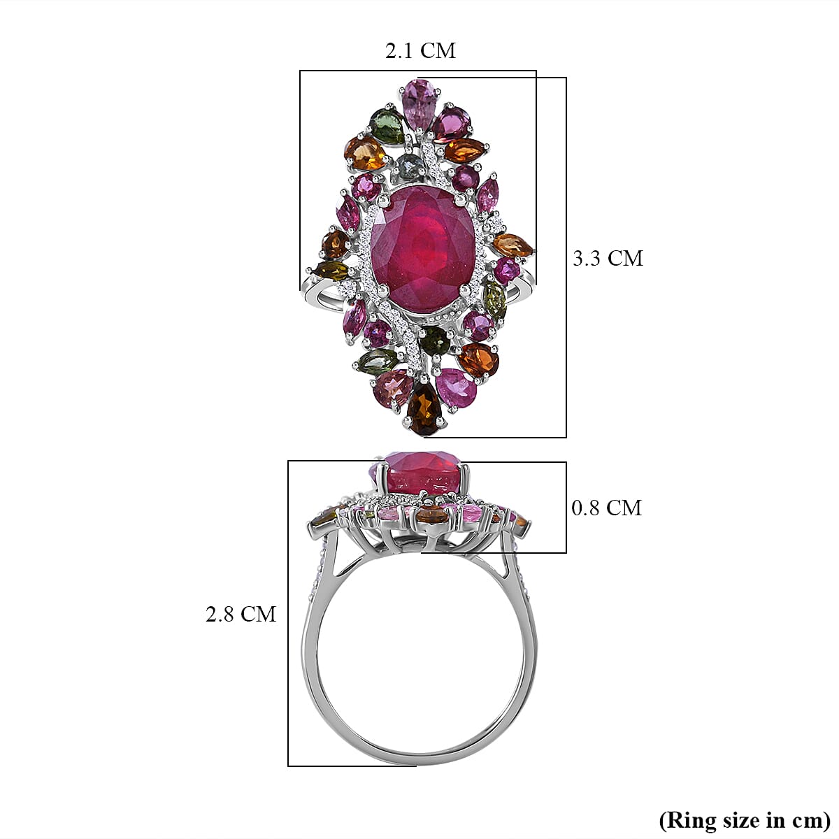 Niassa Ruby, Multi-Tourmaline &amp; Natural Zircon Cluster Ring in Rhodium Overlay Sterling Silver 9.60 Ct. 7257362 6