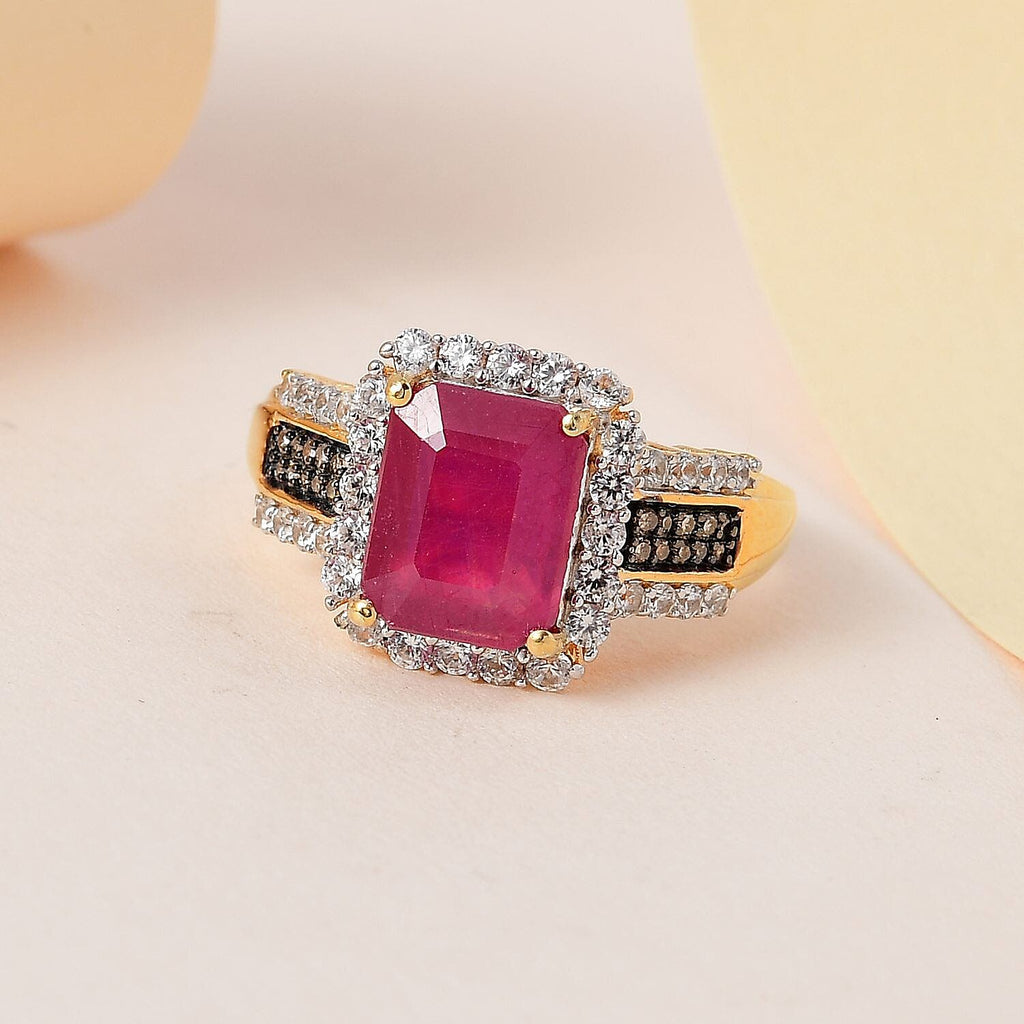 African Ruby, Natural Zircon and Champagne Diamond Ring in 18K Vermeil Yellow Gold Plated Sterling Silver 6.02 Ct