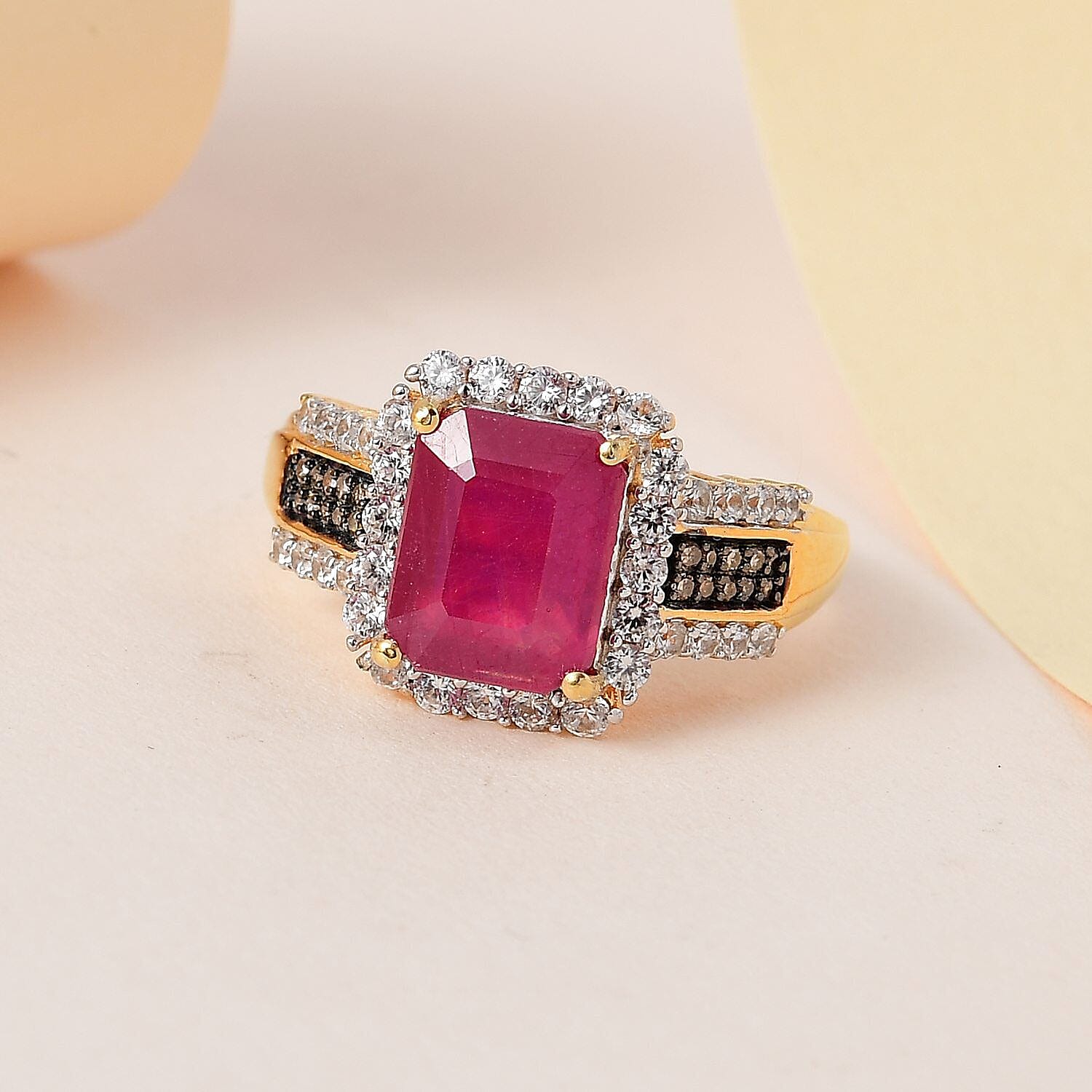 African Ruby, Natural Zircon and Champagne Diamond Ring in 18K Vermeil Yellow Gold Plated Sterling Silver 6.02 Ct 7473762 2