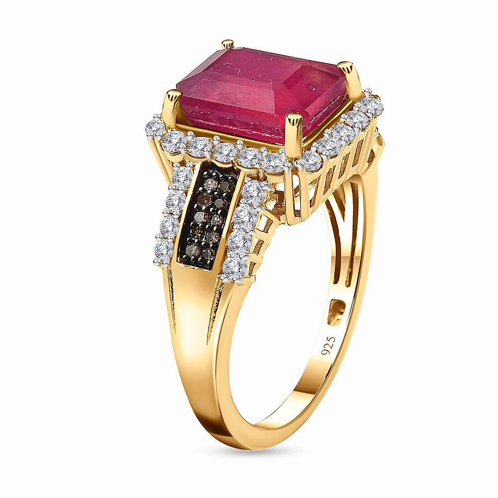 African Ruby, Natural Zircon and Champagne Diamond Ring in 18K Vermeil Yellow Gold Plated Sterling Silver 6.02 Ct