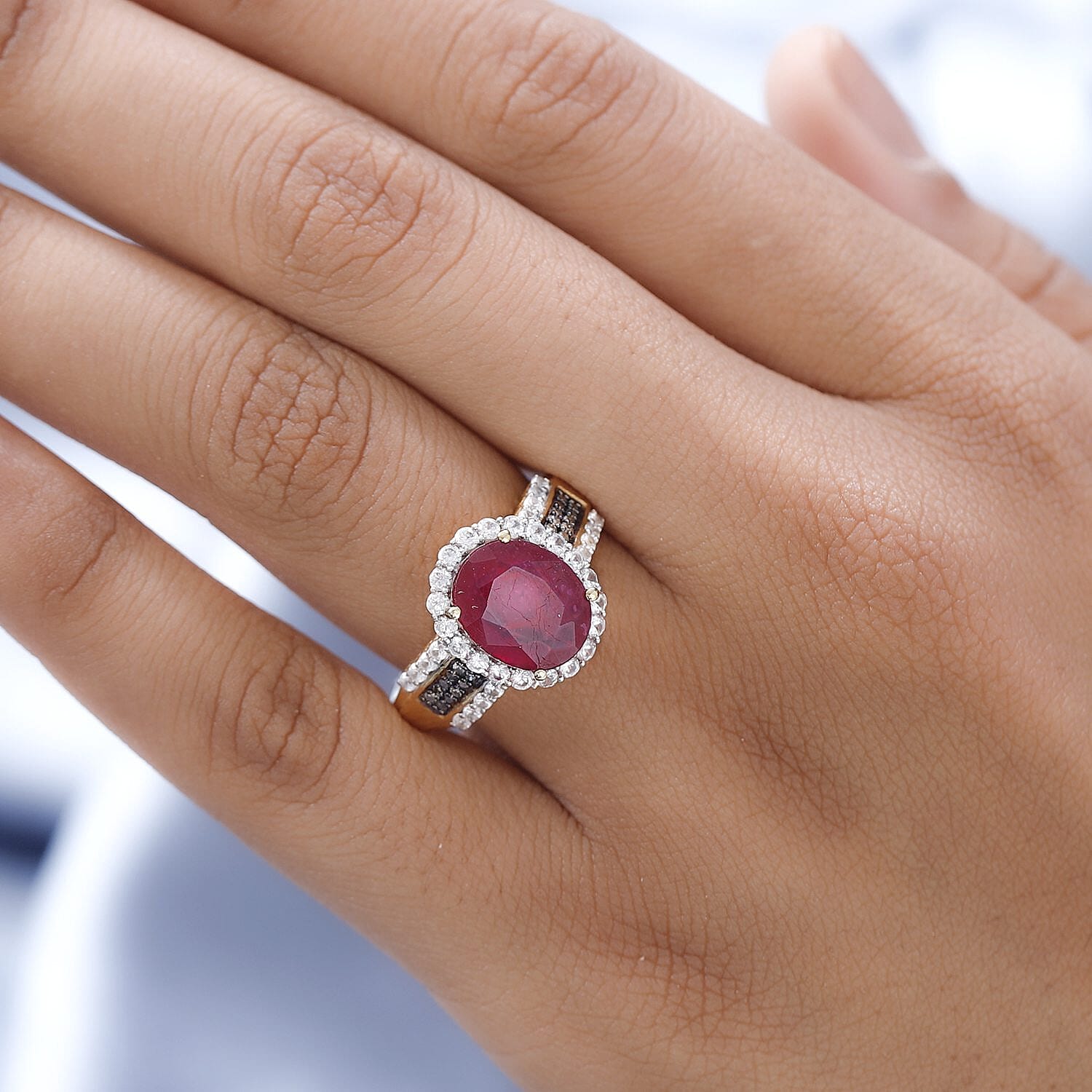 African Ruby, Natural Zircon and Champagne Diamond Ring in 18K Yellow Gold Vermeil Plated Sterling Silver 6.44 Ct 7445846 2
