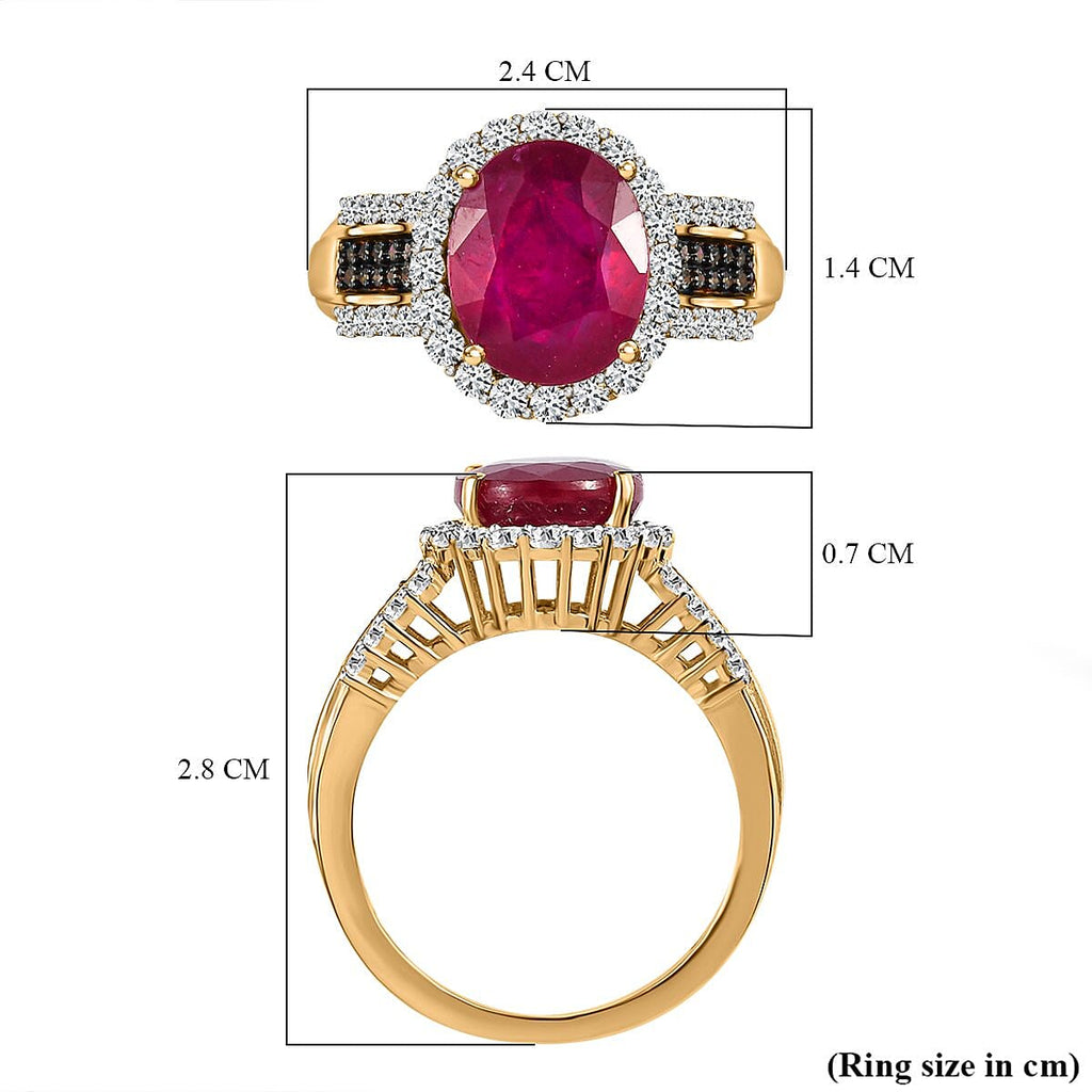 African Ruby, Natural Zircon and Champagne Diamond Ring in 18K Yellow Gold Vermeil Plated Sterling Silver 6.44 Ct