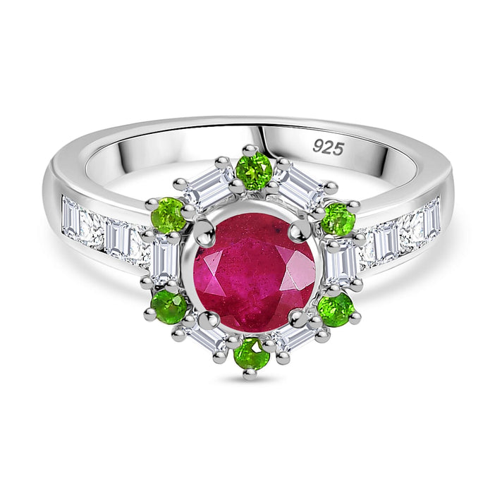 African Ruby, Natural Chrome Diopside, Moissanite Main Stone With Side Stone Ring in Rhodium OverlaySterling Silver  1.998  Ct. 8066711 1