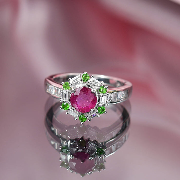 African Ruby, Natural Chrome Diopside, Moissanite Main Stone With Side Stone Ring in Rhodium OverlaySterling Silver  1.998  Ct. 8066711 2