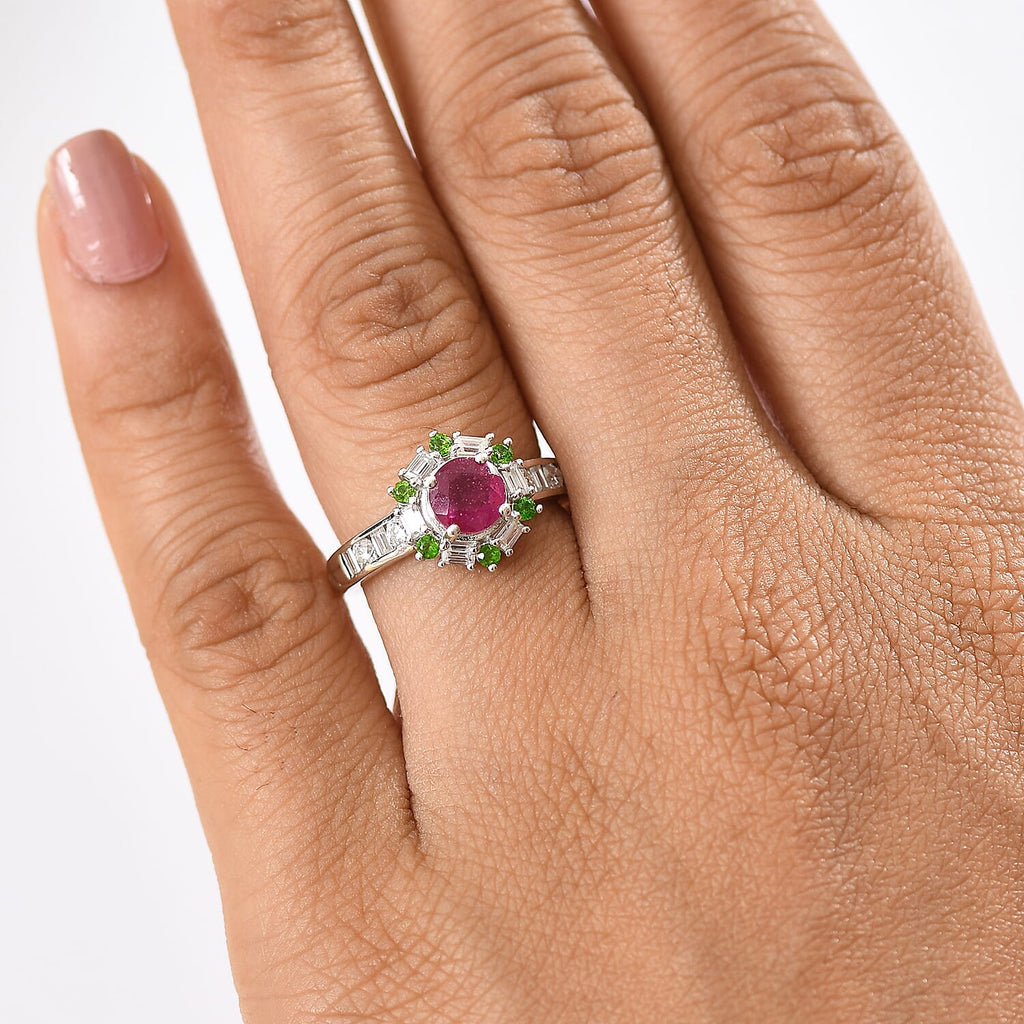 African Ruby, Natural Chrome Diopside, Moissanite Main Stone With Side Stone Ring in Rhodium OverlaySterling Silver  1.998  Ct.