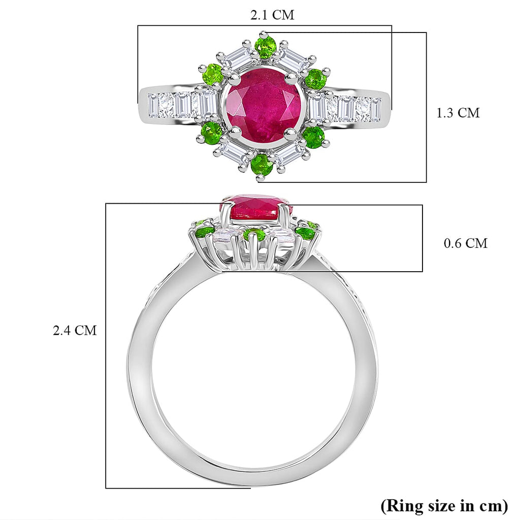 African Ruby, Natural Chrome Diopside, Moissanite Main Stone With Side Stone Ring in Rhodium OverlaySterling Silver  1.998  Ct.