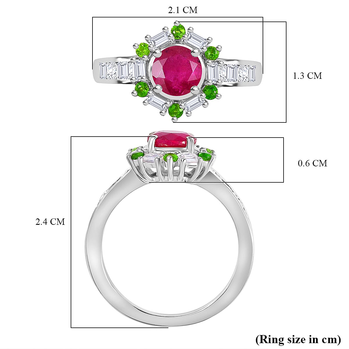 African Ruby, Natural Chrome Diopside &amp; Moissanite Halo Ring in Rhodium Overlay Sterling Silver 2.00 Ct. V32512666 6