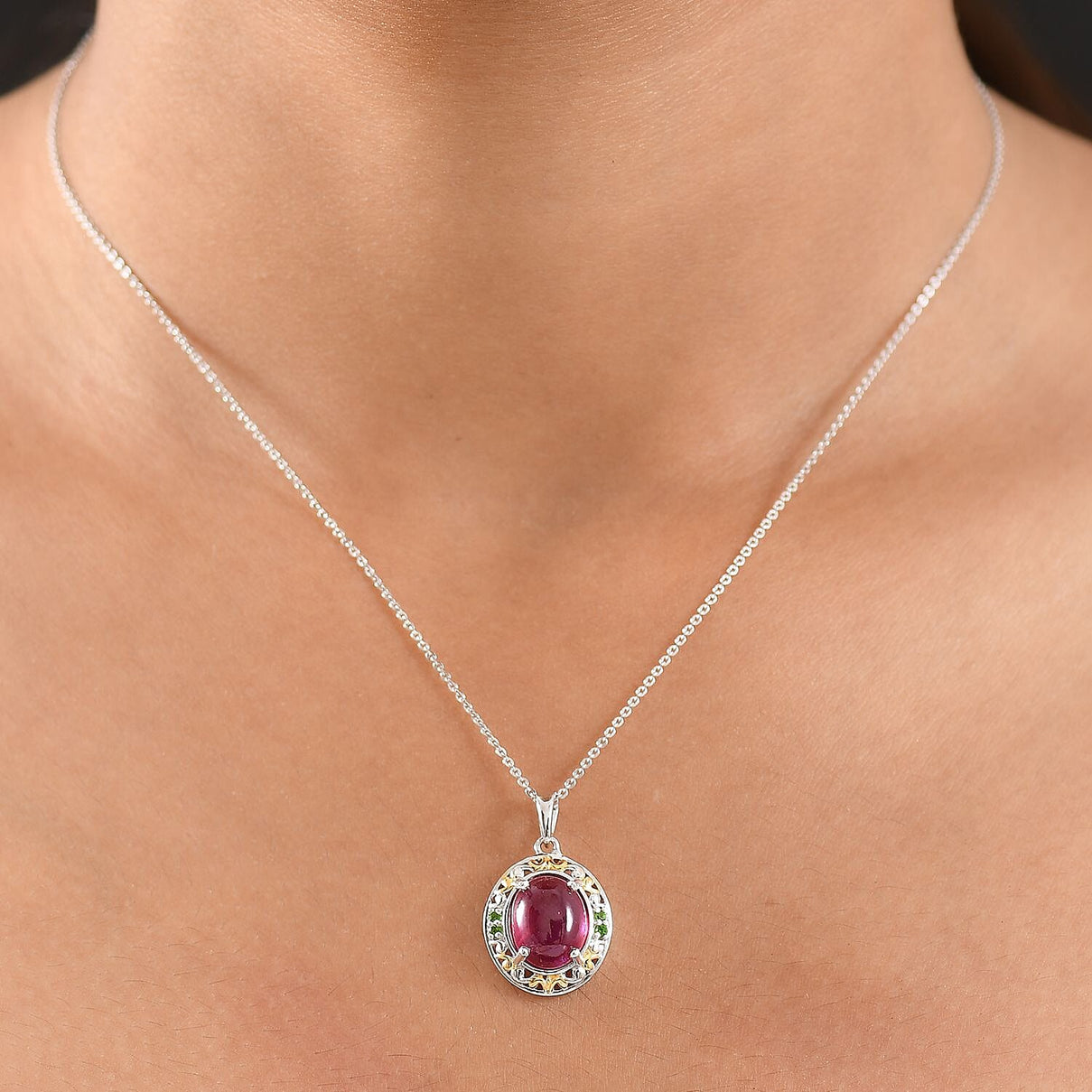 D'Joy African Ruby, Natural Chrome Diopside Pendant with Chain (Size 20) in 18K Vermeil Yellow Gold Plated and Rhodium Overlay Sterling Silver 5.90 Ct. 4421590 2