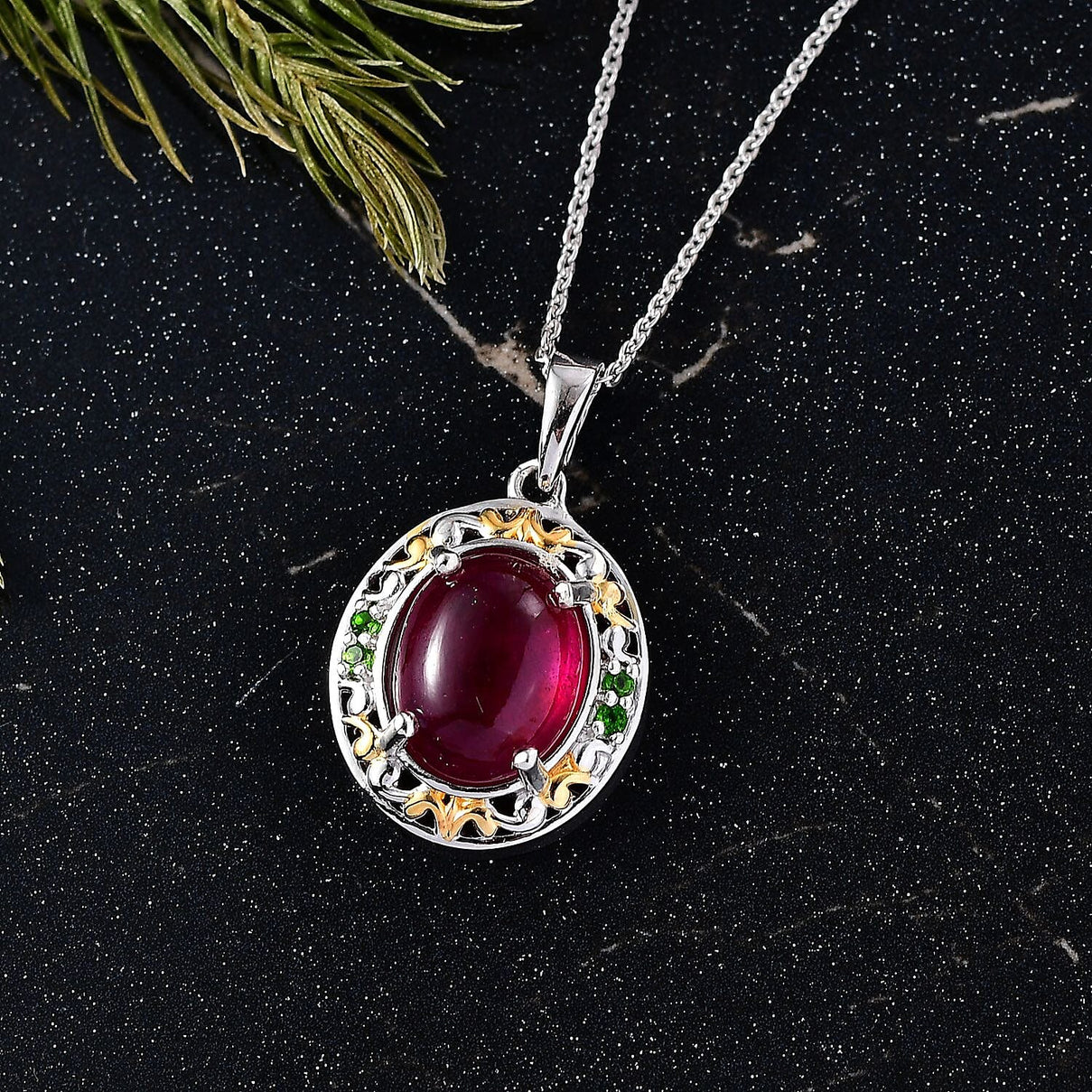 D'Joy African Ruby, Natural Chrome Diopside Pendant with Chain (Size 20) in 18K Vermeil Yellow Gold Plated and Rhodium Overlay Sterling Silver 5.90 Ct. 4421590 3