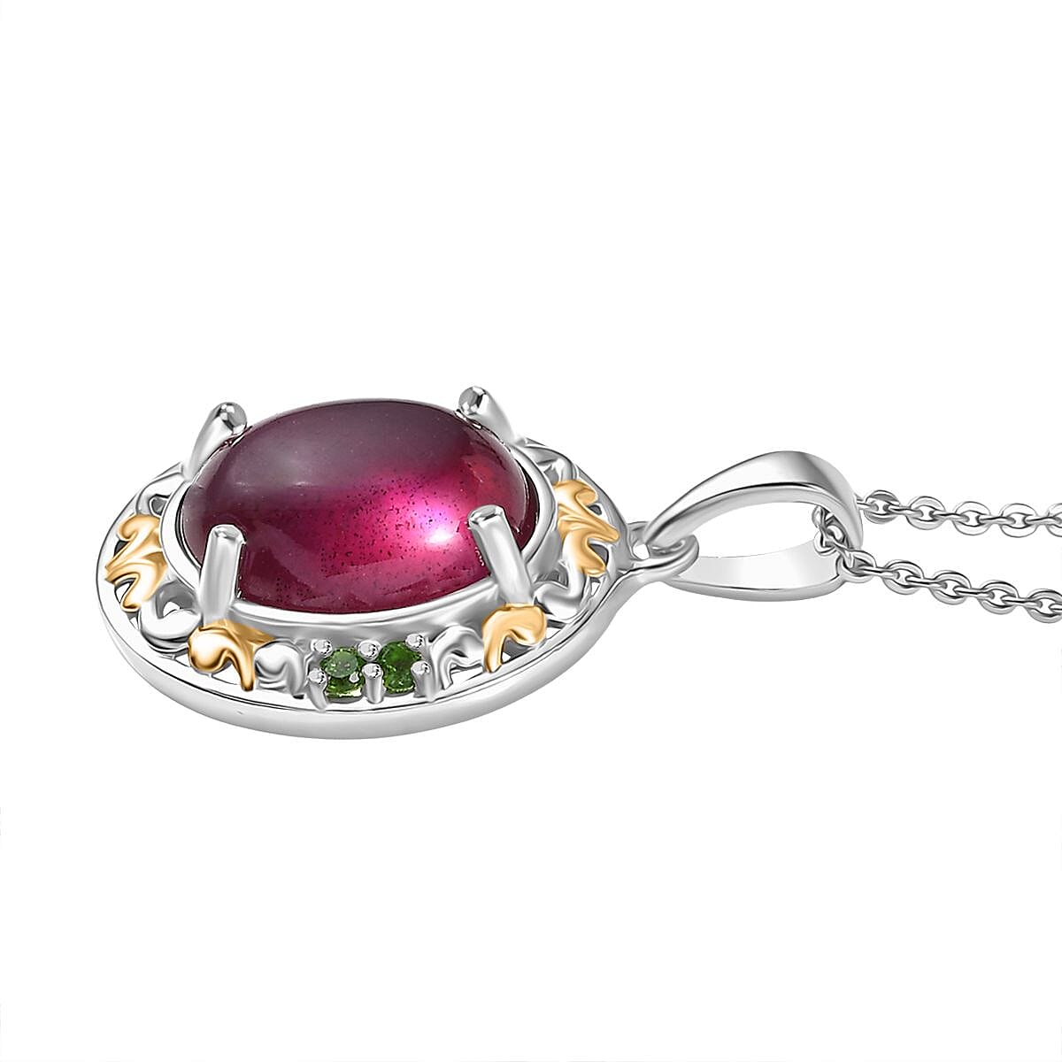 D'Joy African Ruby, Natural Chrome Diopside Pendant with Chain (Size 20) in 18K Vermeil Yellow Gold Plated and Rhodium Overlay Sterling Silver 5.90 Ct. 4421590 4