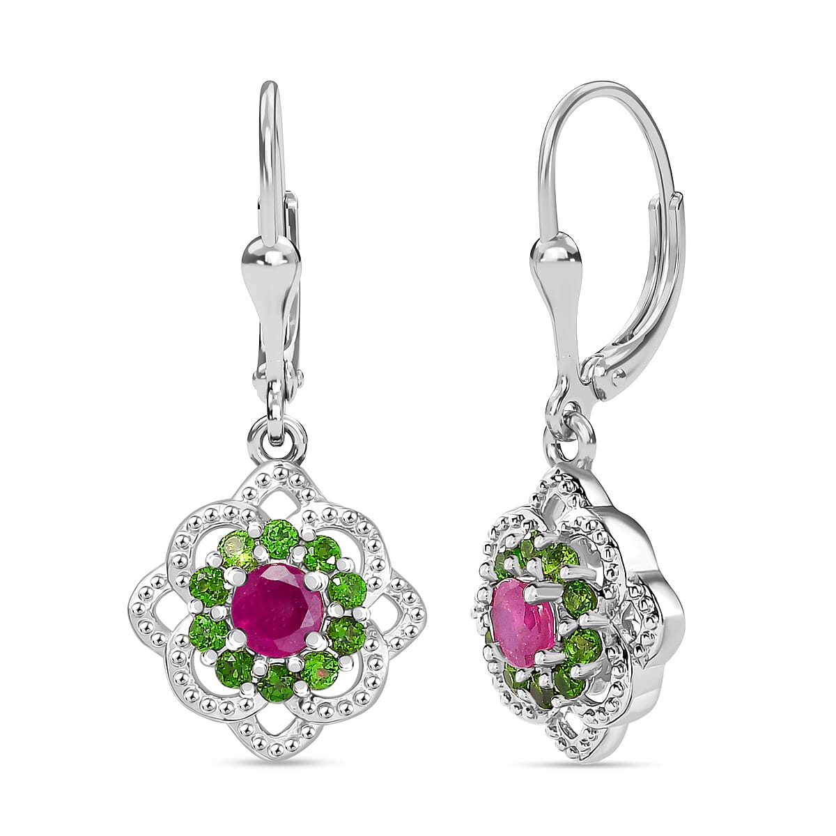 African Ruby &amp; Natural Chrome Diopside Solitaire Lever Back Earring in Rhodium Overlay Sterling Silver 1.35 Ct. 8047900 0
