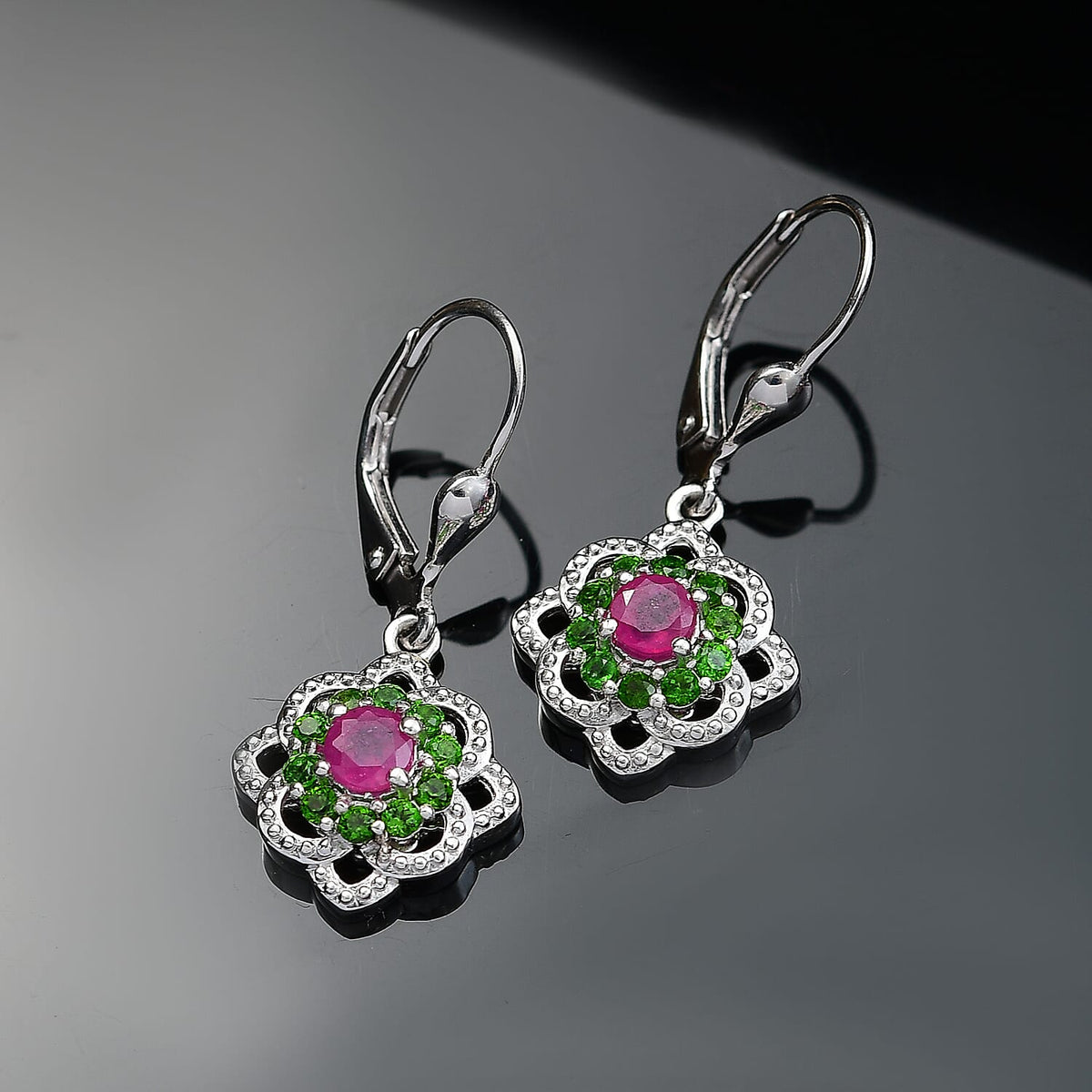 African Ruby &amp; Natural Chrome Diopside Solitaire Lever Back Earring in Rhodium Overlay Sterling Silver 1.35 Ct. 8047900 2